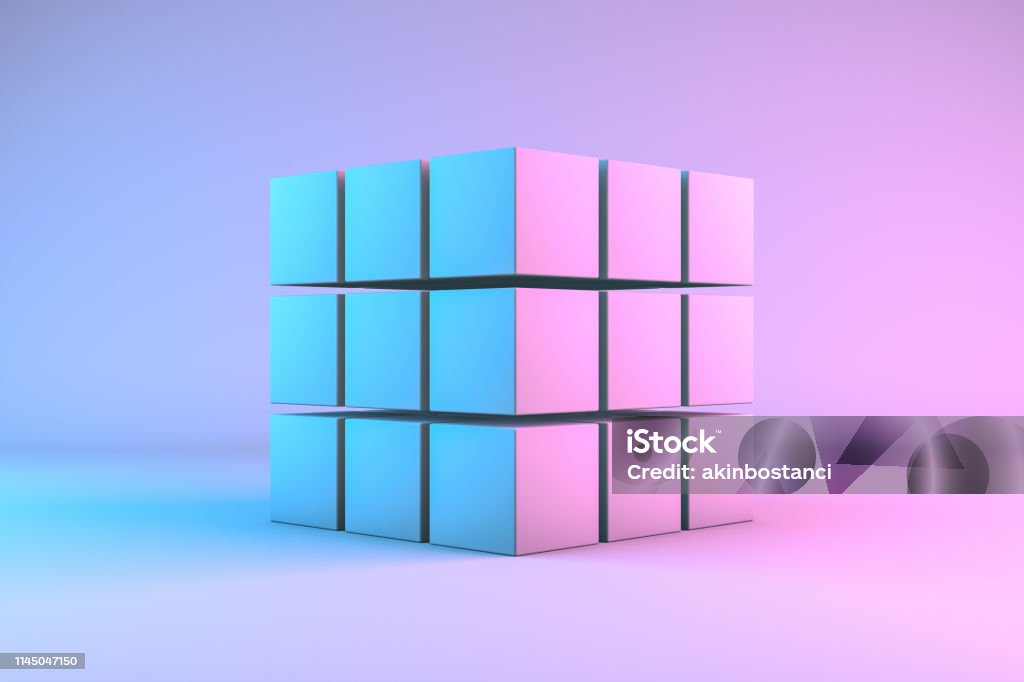 3D Rendering Cube Blocks with Neon Lights 3D Rendering Cube Blocks, in a row, education, architecture, neon lights Puzzle Cube Stock Photo