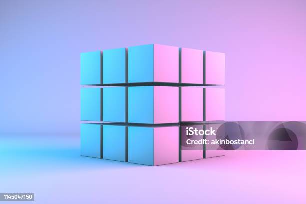 3d Rendering Cube Blocks With Neon Lights Stock Photo - Download Image Now - Puzzle Cube, Cube Shape, Blank