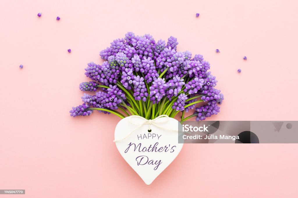 Spring lilac flowers and a heart shape card Happy Mother's Day on pink. Spring lilac flowers and a heart shape card with text Happy Mother's Day over pink background. Flat lay. Mother's Day Stock Photo