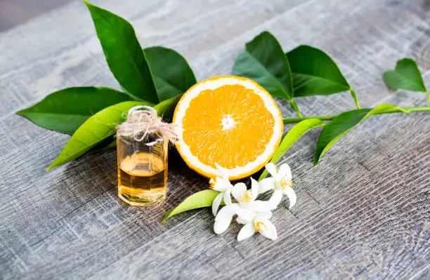 Juicy Orange cut in two parts and neroli, flowers of orange tree, on rustic wood background. The Orange blossom is the fragrant flower of the Citrus is used in perfume and tea, aphrodisiac.