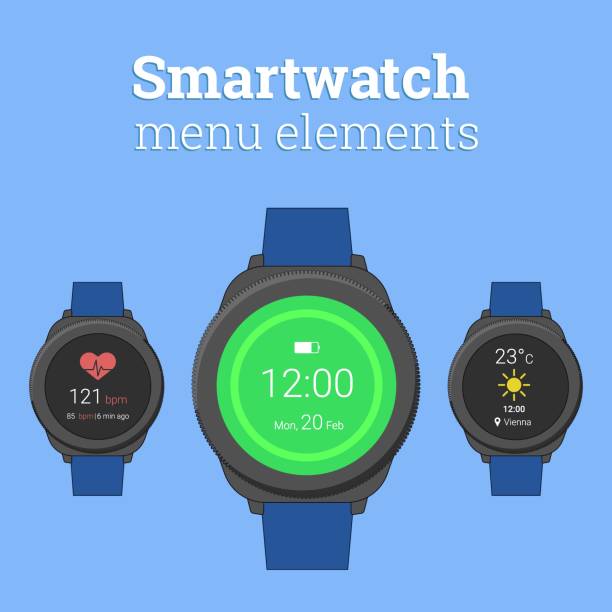 istock Smartwatch menu elements. Modern smartwatch in round design with icons of weather forecast and heart rate monitor. 1145050186