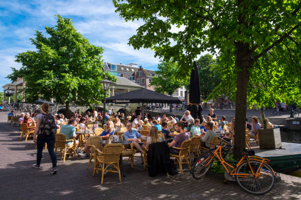 Terrace of a bar in Leiden stock photo
