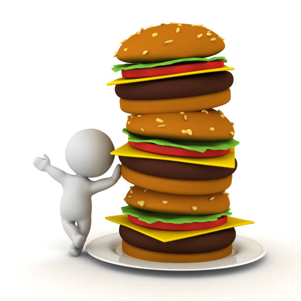 istock 3D Character leaning on stack of hamburgers 1145054063