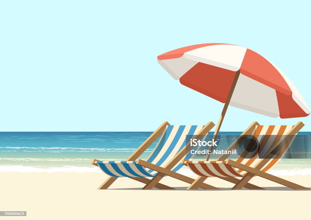 Beach Summer, sun, waves, and cozy beach chairs under umbrella Beach stock vector