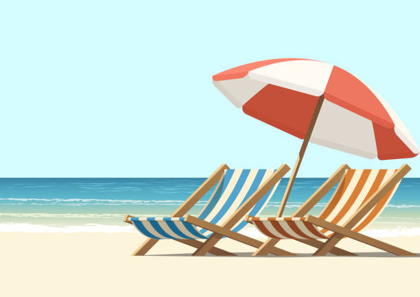 Beach Summer, sun, waves, and cozy beach chairs under umbrella travel illustrations stock illustrations