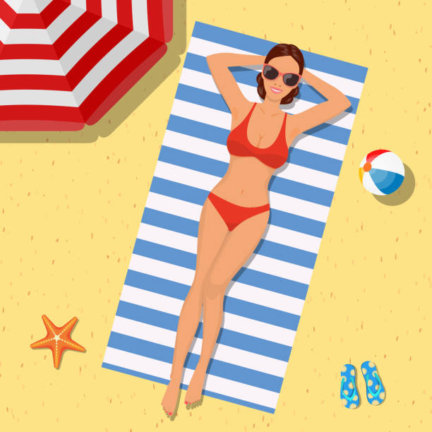 ilustrações, clipart, desenhos animados e ícones de menina na praia com um biquini. horário de verão - vector sand summer smiling