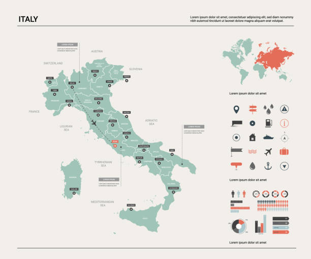 stockillustraties, clipart, cartoons en iconen met vector kaart van italië. hoge gedetailleerde landkaart met afdeling, steden en kapitaal rome. politieke kaart, wereldkaart, infographic elements. - italy