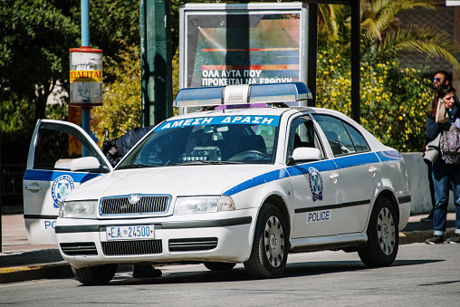Athens, Greece. 25 March, 2019: An old Skoda Octavia car belonging to the greek Police force, parked in a street of Athens
