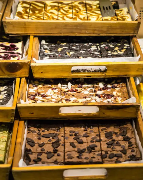 Brownies in Wooden box display street market