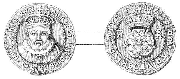 angielska srebrna moneta testotopowa króla henryka viii (xvi wiek) - tudor style illustrations stock illustrations