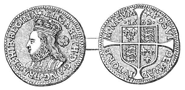 English Silver Sixpence Coin of Queen Elizabeth I (1562) Medieval English silver sixpence coin of Elizabeth I, Queen of England (circa 1562). Vintage etching circa mid 19th century. british coins stock illustrations