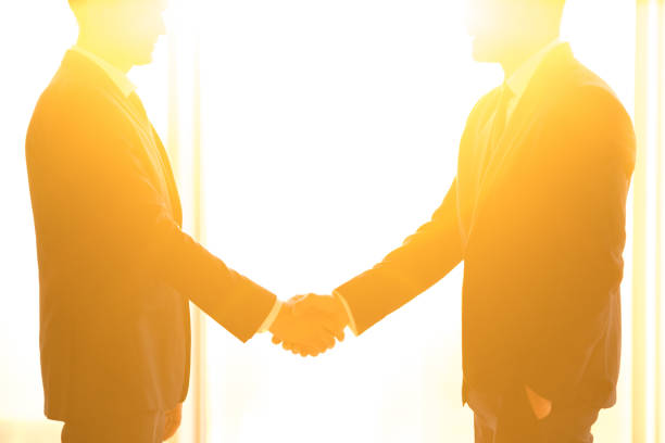 istock The two businessmen handshake on the bright sun background 1145065515