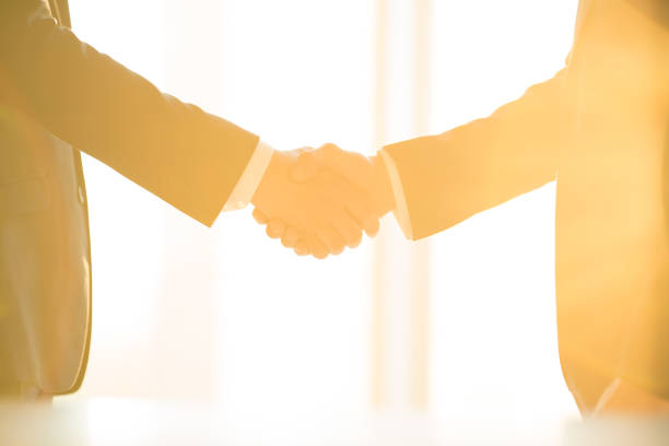 istock The businessmen handshake on the sunny background 1145066033