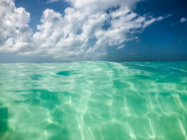 istock Split horizon view of aquamarine water and blue sky with clouds 1145066035