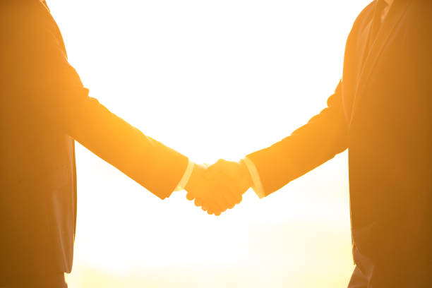 istock The two businessmen handshake on the bright sun background 1145066113