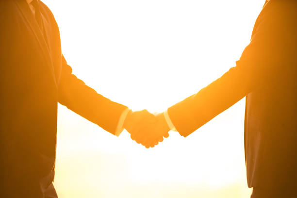 istock The two businessmen handshake on the bright sun background 1145066146