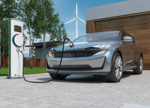 electric car SUV charging at home in front of modern low energy suburban house 3d illustration electric car SUV charging at home in front of modern low energy suburban house 3d illustration energy fuel and power generation city urban scene stock pictures, royalty-free photos & images