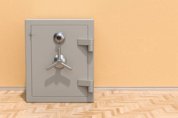 방 바닥에 콤비네이션 자물쇠를 가진 안전 상자, 3d 렌더링 - 금고 보안 장비 뉴스 사진 이미지