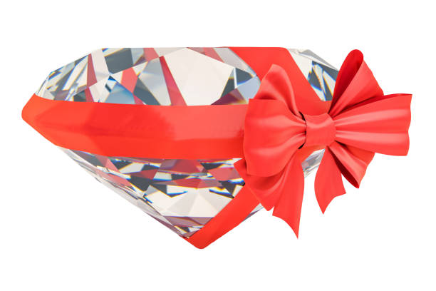 Diamond with red bow and ribbon, gift concept. 3D rendering isolated on white background