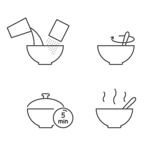 illustrazioni stock, clip art, cartoni animati e icone di tendenza di istruzioni di cottura per preparare cereali, farina d'avena, icone vettoriali fiocchi - oatmeal heat bowl breakfast