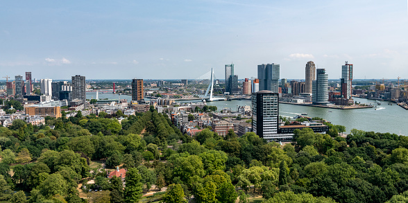 Rotterdam, Netherlands -August 4, 2018; aerial view on the city of Rotterdam seen from the Euromast tower