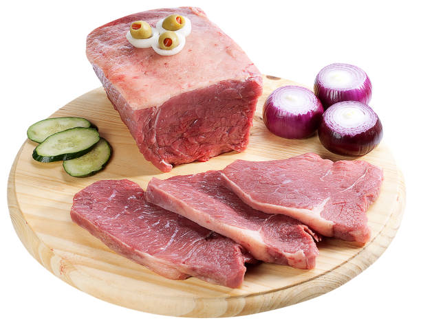 istock Raw beef on wooden plank with spices on white background 1145080136