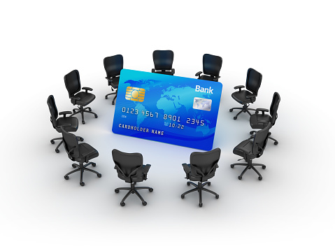 Credit Card with Circle of Chairs - White Background - 3D Rendering