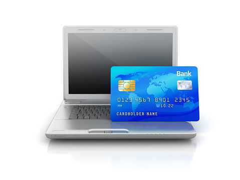 Credit Card with Computer Laptop - White Background - 3D Rendering