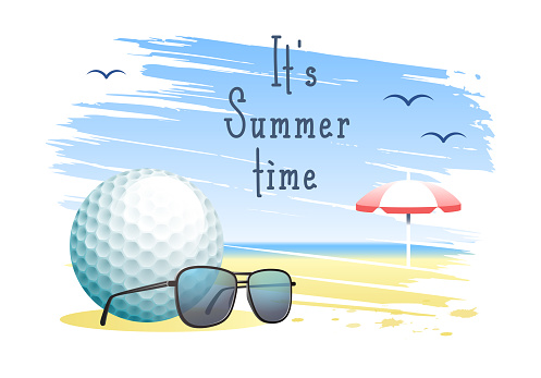 It's Summer Time. Sports card. Golf ball with sunglasses and beach umbrella on the sand beach background. Vector illustration.