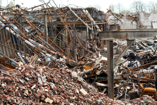 Devastation of large factory after fire destroyed all. Image shot with Canon 5D Mark 4, EF 70-200mm f/2.8 USM lens.