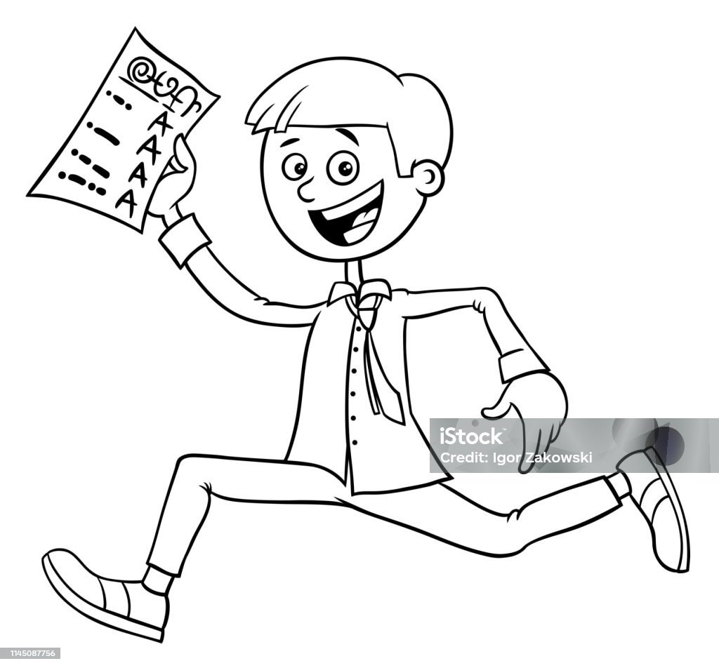 boy with school certificate coloring book Black and White Cartoon Illustration of Happy Boy with School Certificate or Grade Report Coloring Book Academic Year stock vector