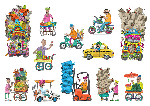 Set of variety indian vehicles and characters. Cartoon. Caricature.