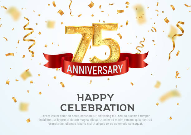 75 years anniversary vector banner template. Seventy-five jubilee with red ribbon and confetti on white background. 75 years anniversary vector banner template Seventy-five jubilee with red ribbon and confetti on white background 75th anniversary stock illustrations