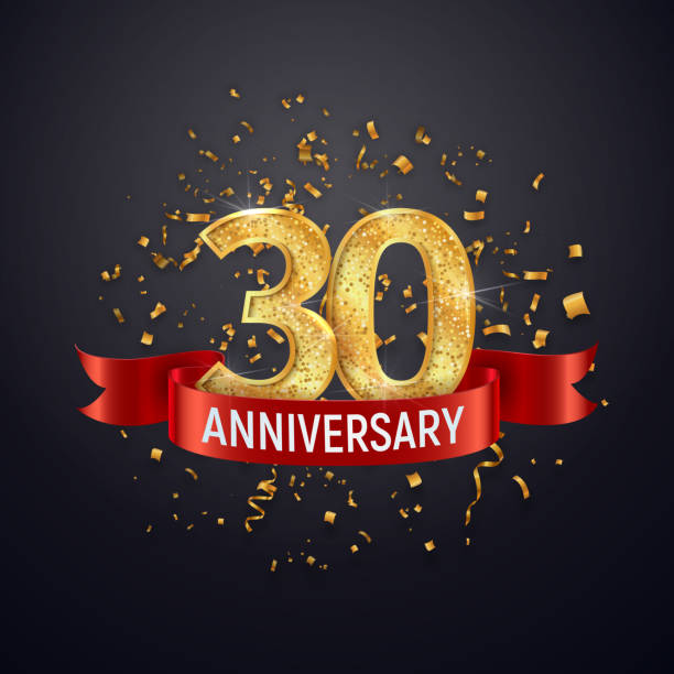 30 years anniversary template on dark background. Thirty celebrating golden numbers with red ribbon vector and confetti isolated design elements. 30 years anniversary template on dark background Thirty celebrating golden numbers with red ribbon vector and confetti isolated design elements 30th anniversary stock illustrations