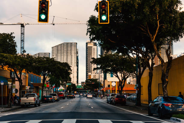 Traffic lights in Historic Little Havana district in Miami stock photo