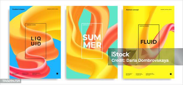 Set Of Trendy Abstract Design Templates With 3d Flow Shapes Dynamic Bright Gradient Composition Applicable For Covers Posters Brochures Flyers Presentations Banners Vector Illustration Eps10 - Arte vetorial de stock e mais imagens de Chapinhar