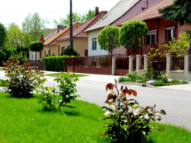 Photo of village homes along a friendly green street with lush front yards