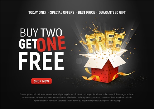 Buy 2 get 1 free vector illustration Ad Special offer super sale red gift box on dark background