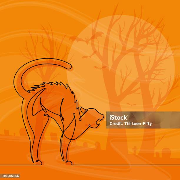 Continuous Line Scared Cat Vector Halloween Cartoon With Haunted Woods Background Stock Illustration - Download Image Now