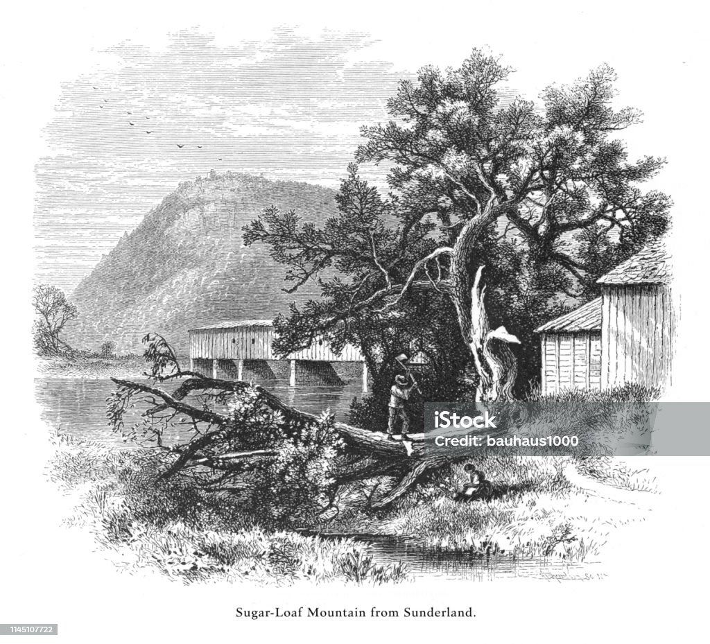 Sugarloaf Mountain from Sunderland, Connecticut River, Valley of the Connecticut, Massachusetts, United States, American Victorian Engraving, 1872 Very Rare, Beautifully Illustrated Antique Engraving of Sugarloaf Mountain from Sunderland, Connecticut River, Valley of the Connecticut, Massachusetts, United States, American Victorian Engraving, 1872. Etching stock illustration