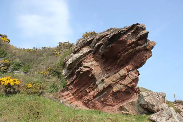Sandstone rock formation known as 'Hawk's Neb', Isle of Bute, Scotland.