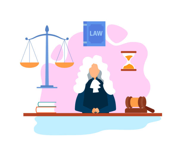 magistrat in gerichtssaal flat vector illustration - law weight scale legal system gavel stock-grafiken, -clipart, -cartoons und -symbole