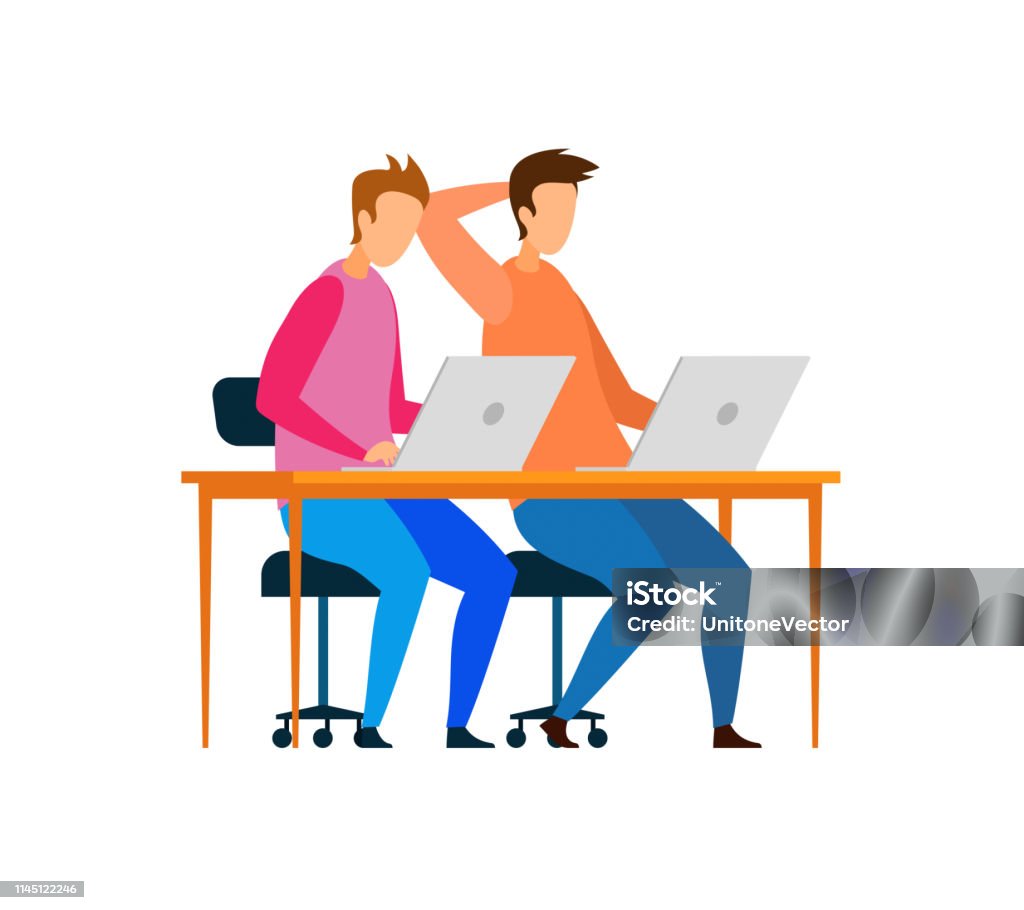 Male Developers Working on Laptops Characters Male Developers Working on Laptops Characters. Pastime, Leisure Activity. Teenagers, Friends Using Computers Flat Illustration. Cartoon Tired Programmers Coding. Coworking, Teamwork Adult stock vector