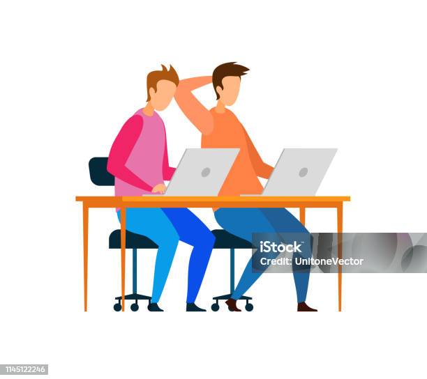 Male Developers Working On Laptops Characters Stock Illustration - Download Image Now - Adult, Apartment, Art