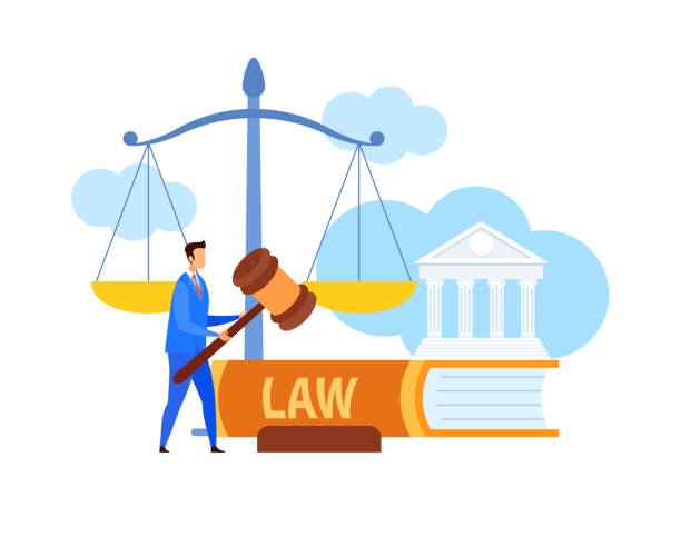 адвокат, юрисконсульт холдинг gavel плоский характер - закон иллюстрации stock illustrations