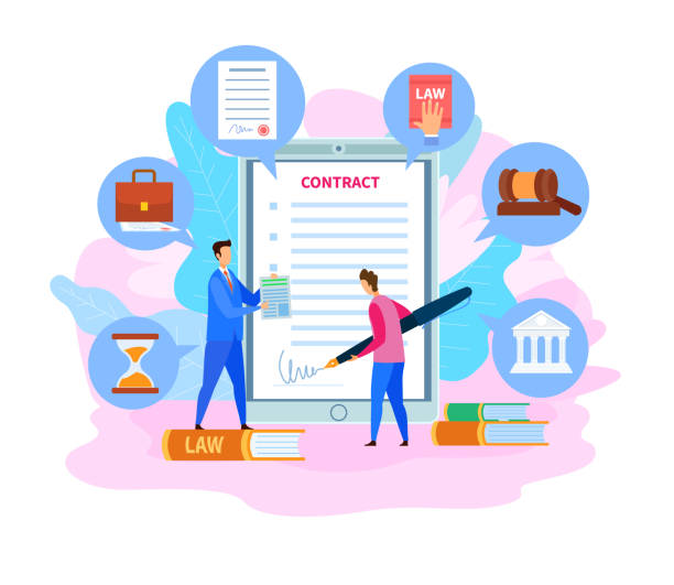Business Partnership Contract, Cartoon Agreement Business Partnership Contract, Cartoon Agreement. Lawyer and Client Discussing Case Flat Characters. Employee Signing Document Vector Illustration. Paper with Signature, Hourglass, Gavel Icons law clipart stock illustrations