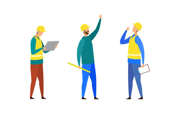 Construction Team, Crew Cartoon Characters Set Construction Team, Crew Cartoon Characters Set. Building Industry. Foreman in Yellow Vest Looking at Tablet, Engineer in Helmet Holding Ruler. Builder with Clipboard Giving Orders. Faceless Workers construction workers stock illustrations
