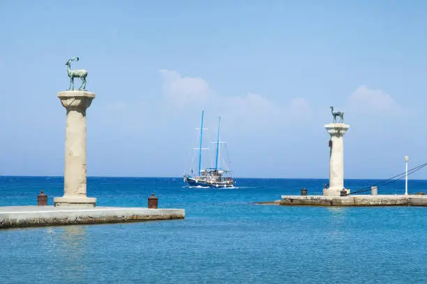 The enrance to the Mandraki Harbour, where stood the Colossus of Rhodes, Greece