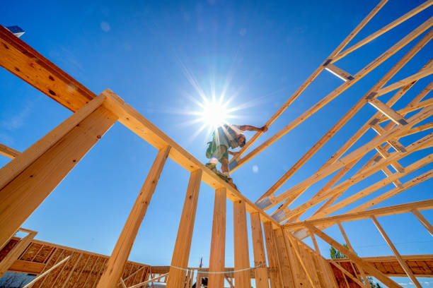 istock Rugged Carpenter on a Framing Crew Setting Trusses on a New Home 1145134383