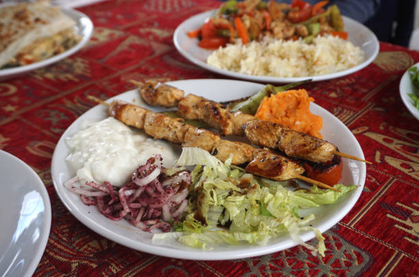 Chicken kebabs the traditional Turkish food serving on white plate